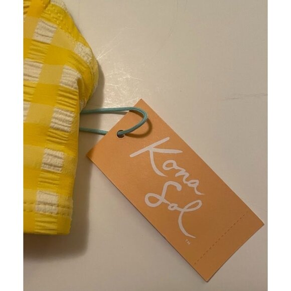 New With Tags Kona Sol Yellow White Gingham Bikini Top L 12-14 Adjustable Straps - Picture 9 of 11